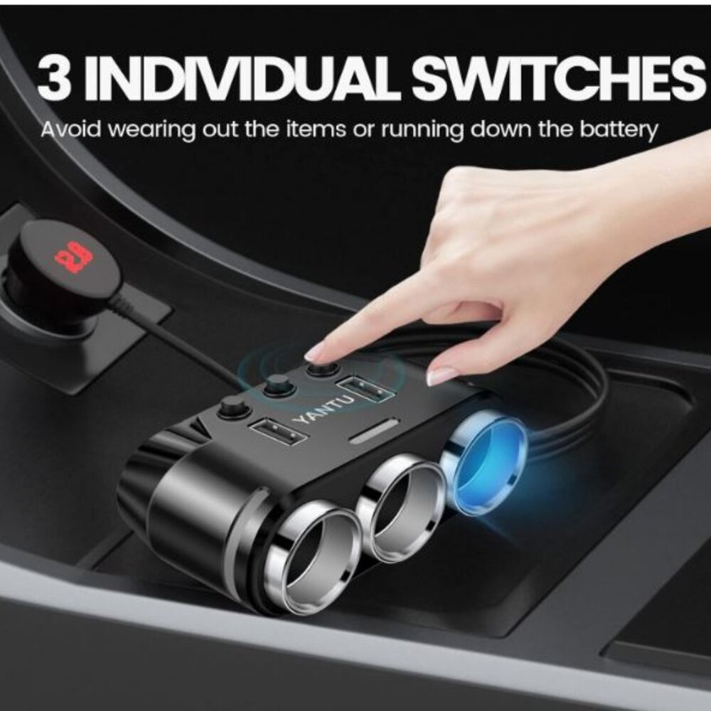 YANTU Cigarette Lighter Adapter & Splitter with 150W 3-Sockets & LED Ambient - Picture 3 of 5
